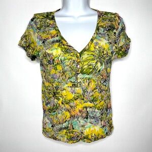 Vintage Y2K Dana Buchanan Mesh Shirt Top Yellow Floral Beaded Sequin Embroidered